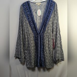 One The Land Blue & Black Floral Print Long Sleeve Shorts Romper Size Large 583